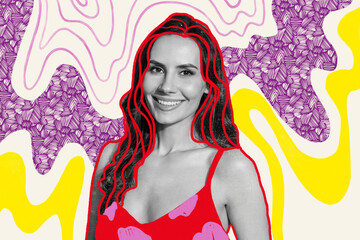 Collage artwork comics magazine of lovely girlfriend in colorful swimwear preparing swimming season...