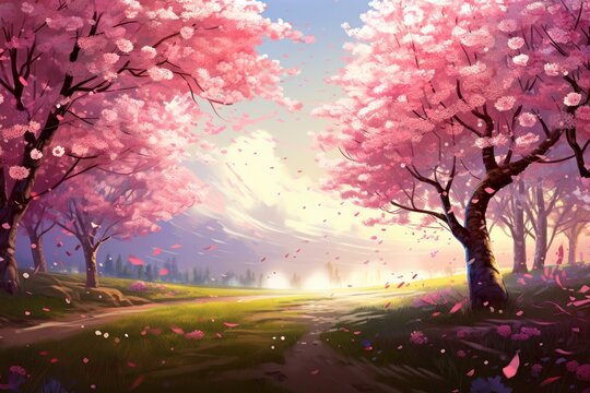 Picturesque spring meadow with blossoming cherry trees and petals falling in the wind.