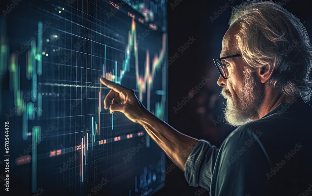 Poster businessman interacting with big screen with graphs