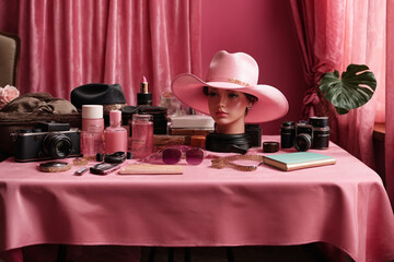 Pink table with a pink female bust wearing a cowboy hat. Generative AI.