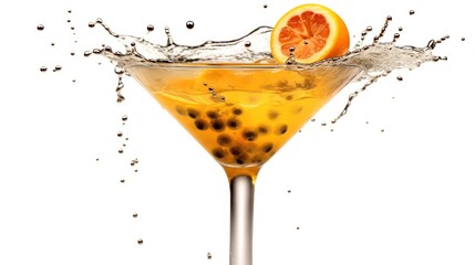 Passion fruit cocktail with splash isolated on white background, clipping path. Cocktail Concept With Copy Space - obrazy, fototapety, plakaty