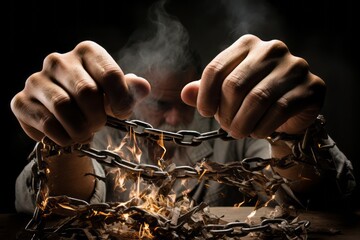The man's hands are chained and burning - obrazy, fototapety, plakaty