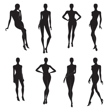 Vector set of women body silhouettes in different poses, in black color, isolated, fashion illustration on white background.