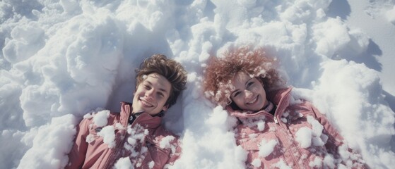 top view kids lying down snow 