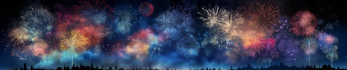 Fotobehang Fireworks banner, celebration, new year eve, colorful, panorama, panoramic © Florian