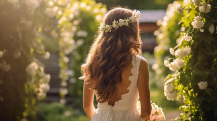 Obraz premium Bride in white dress back view. Woman in white dress with flower crown in rose garden