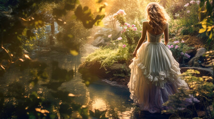Bride in white dress back view. Woman in white dress walks through garden with stream and flowers - Powered by Adobe