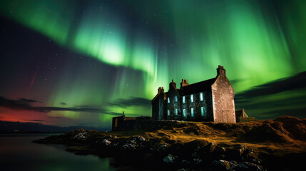 Old farm house near lake cost with northers lights.