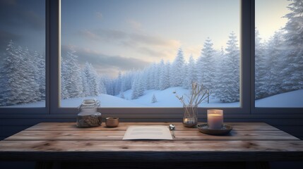 Background of winter window and empty table