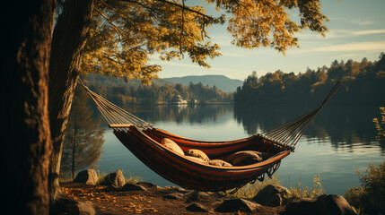 resting at camping woman laying in hammock with beautiful view of forest lake. generative ai