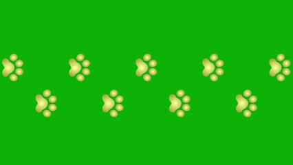 Animated cat golden tracks. A cat's paw print appears take turns. Looped video. Vector flat illustration isolated on the green background.