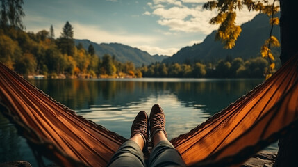 resting at camping woman laying in hammock with beautiful view of forest lake. generative ai - obrazy, fototapety, plakaty