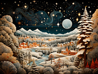 Abstract christmas landscape with elfs and santas running around, lakes flowing and trees and mountains in the background