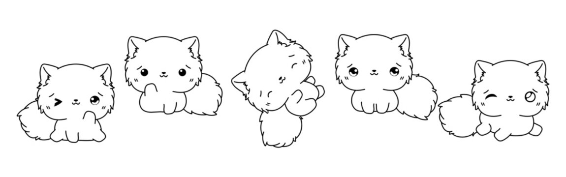 Set of Kawaii Isolated Persian Cat Coloring Page. Collection of Cute Vector Cartoon Kitten Outline for Stickers, Baby Shower, Coloring Book, Prints for Clothes