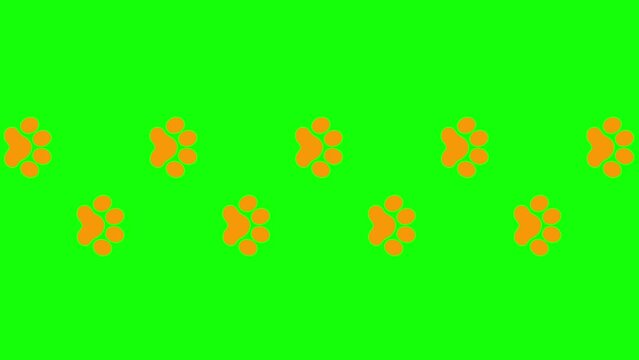 Animated cat orange tracks. A cat's paw print appears take turns. Looped video. Vector flat illustration isolated on the green background.
