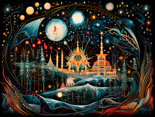Abstract christmas landscape with elfs and santas running around, lakes flowing and trees and mountains in the background