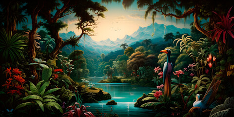 Obraz na płótnie Canvas Detailed illustration of wild nature with wildlife birds and animals, jungle, flying, wilderness, birds
