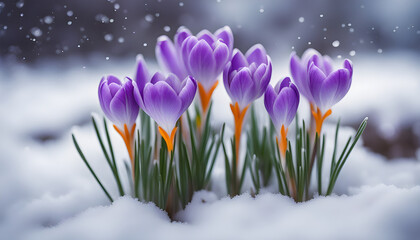 Purple spring crocus flowers growth in the snow