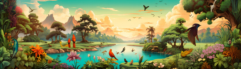 Detailed illustration of wild nature with wildlife birds and animals, jungle, flying, wilderness, birds