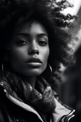 Graceful B&W Black Woman Portrait - Natural Hair Pride & Contemporary Street Style in a Spring Setting.