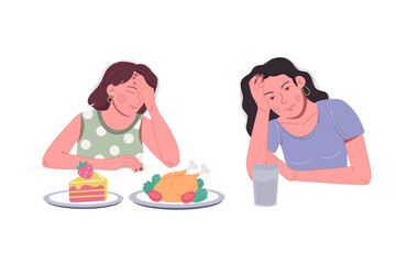 Anorexia eating disorder. Illustration of a sad woman with food