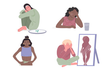 Anorexia eating disorder. Illustration of an international woman