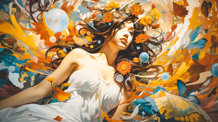 Femme avec fleurs dans les cheveux, illustration d'automne