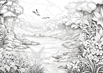 Detailed illustration of wild nature with wildlife birds and animals, jungle, flying, wilderness, birds - Black and White