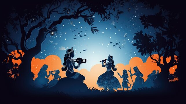 Janmashtami day. Mahabharata, Lord Krishna. A Hindu god. Indian mythology. Blue background