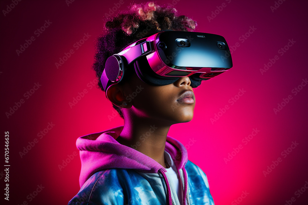 Poster man headset user wearing vr glasses watching surreal colorful fantasy world made with generative ai 