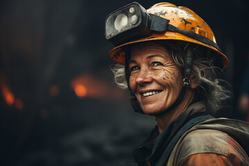 Generative ai technology portrait of mine worker wearing hardhat helmet standing in a mine