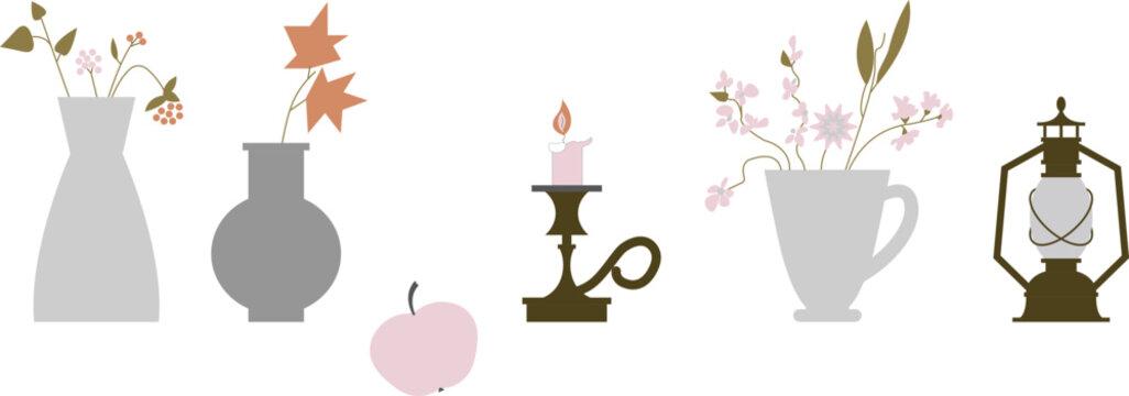 A set of household items on a white background. Vases, flowers, bouquets, apple, candle, lantern. Collection of interior items. Flat style. An editable contour. Isolated. Design for print, social medi
