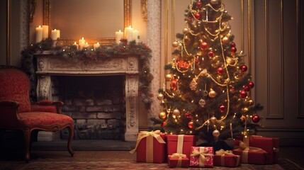 A gloomy sitting room with a wrapped gift beneath a decorated Christmas tree during the holiday season