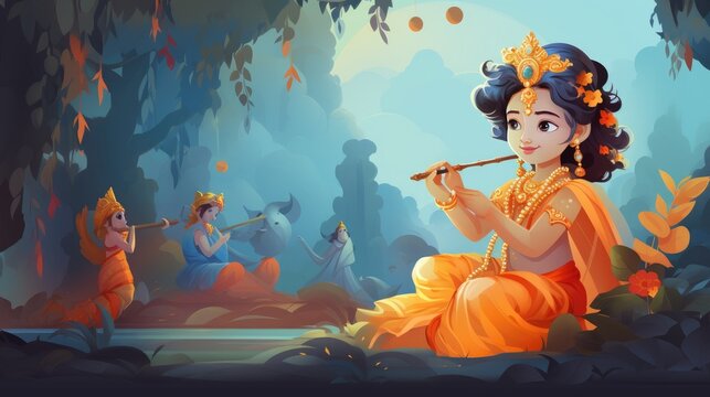 Janmashtami day. Mahabharata, Lord Krishna. A Hindu god. Indian mythology. Blue background