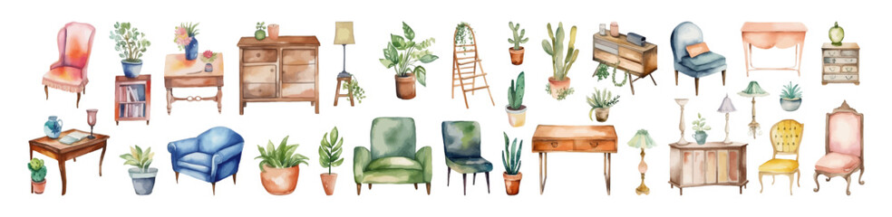 Furniture vector illustration. Watercolor set of interior design elements. Room collection. - obrazy, fototapety, plakaty