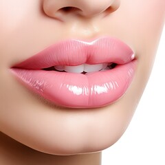 Closeup of beautiful glossy female lips isolated on white created with Generative AI - obrazy, fototapety, plakaty