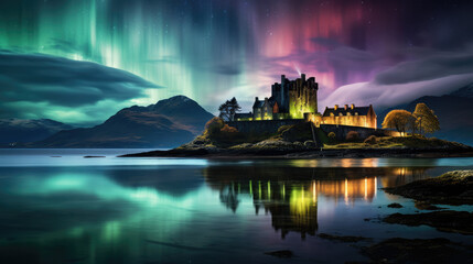 Wonderful looking place with feeling of Eilean Donan Castle with northern lights.