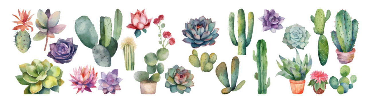 Watercolor vector set of cactus and succulent. Plant illustration.