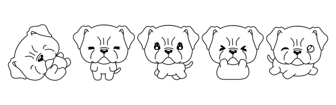 Set of Kawaii Isolated Boxer Puppy Coloring Page. Collection of Cute Vector Cartoon Animal Outline for Stickers, Baby Shower, Coloring Book, Prints for Clothes