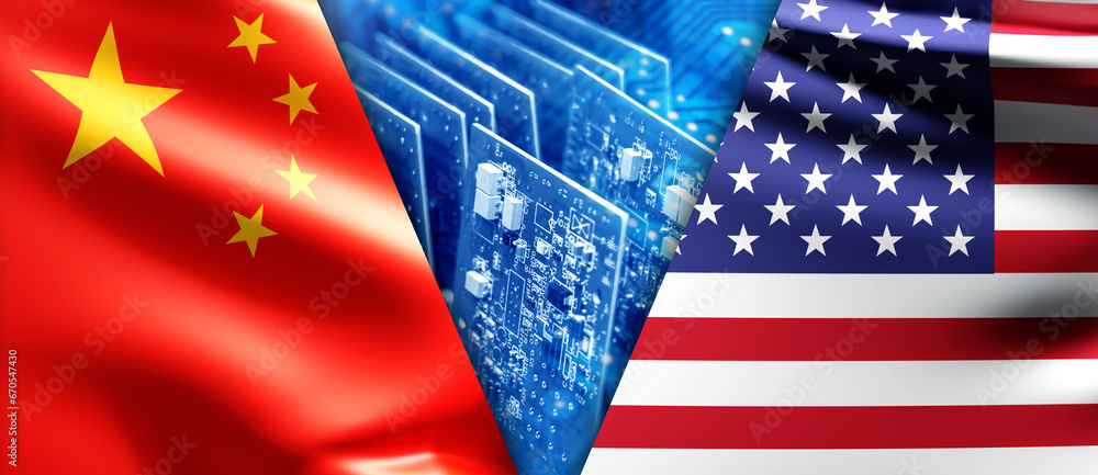 Poster computer boards. flags of usa and china. struggle for microelectronics market concept. development o