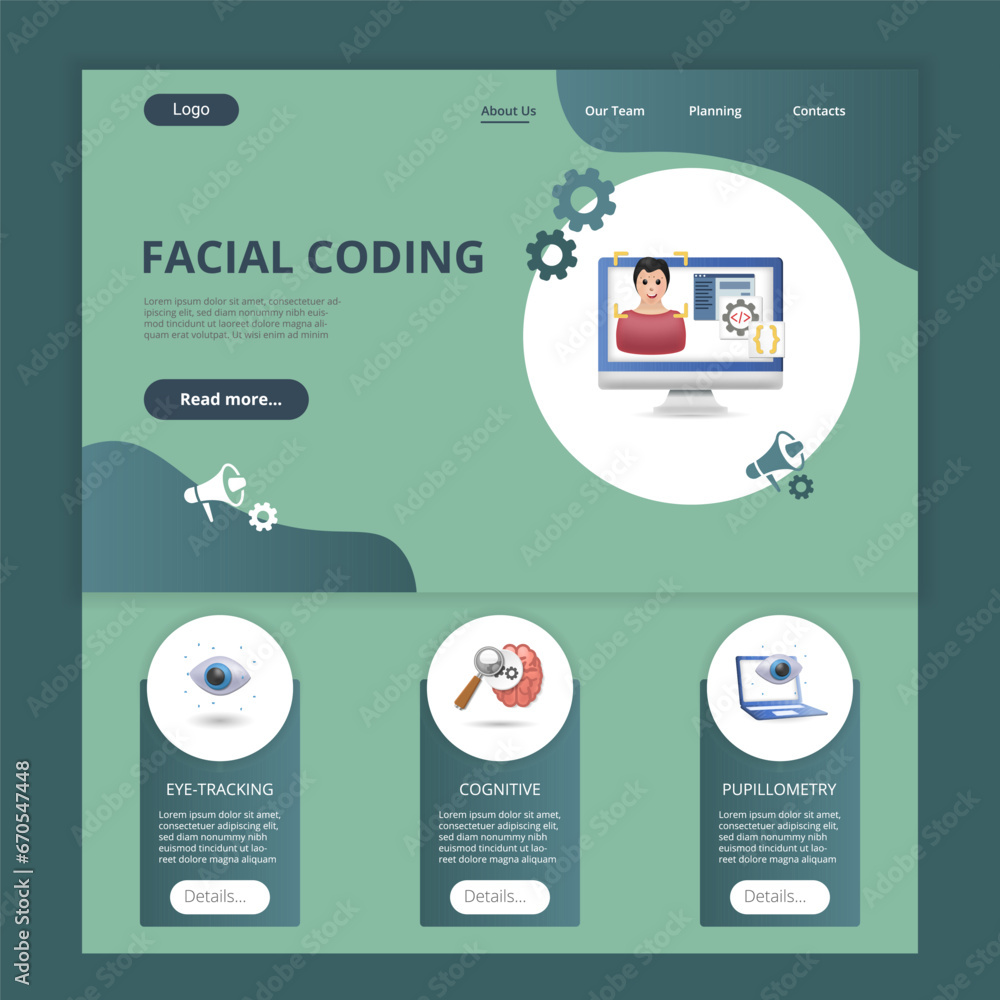 Poster facial coding flat landing page website template. eye-tracking, cognitive, pupillometry. web banner 