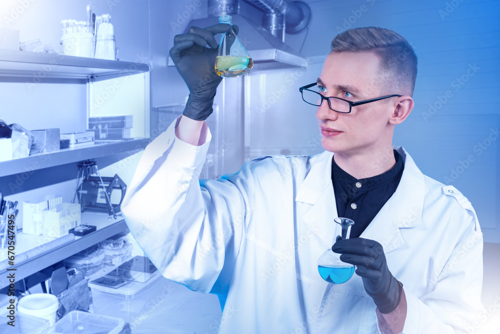 Poster man laboratory technician. scientist with test tubes. guy is doing science experiment. laboratory te