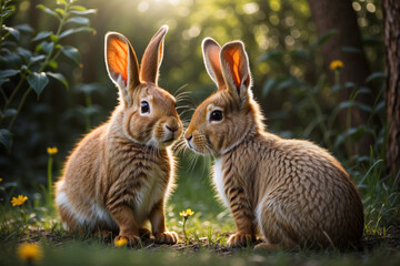 Fototapeta na wymiar Two rabbits sit together in a forest meadow.