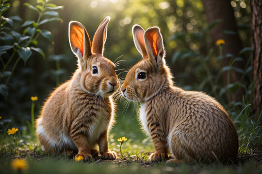 Two rabbits sit together in a forest meadow.