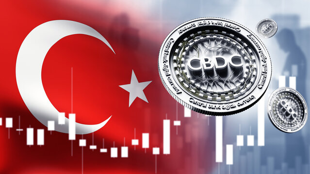 CBDC coins with Turkish flag. Central bank digital currency. Blockchain money in Turkey. Digitalization economy. CBDC implementation in Ankara. National symbol Turkey. CBDC cryptocurrency. 3d image