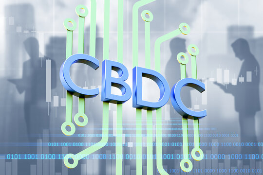 CBDC money. Investor silhouettes. Central bank digital currency. CBDC logo with binary code. Concept for introducing digital government money. CBDC with chart. Cryptocurrency, blockchain. 3d image