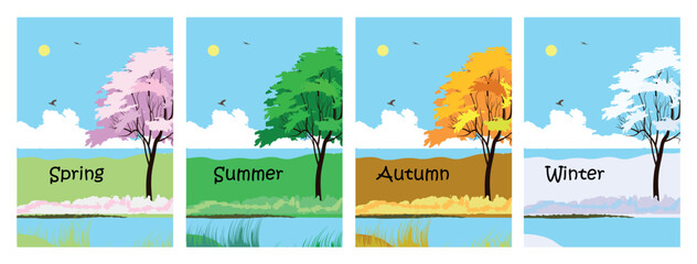 Four seasons landscape icon set. Tree in four times of year spring, summer, fall and winter vector illustration.