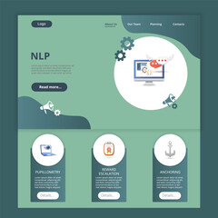 NLP flat landing page website template. Pupillometry, reward escalation, anchoring. Web banner with header, content and footer. Vector illustration.