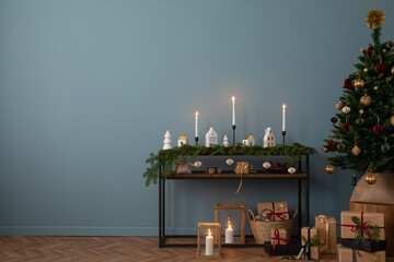 Minimalist composition of christmas interior with copy space, wooden console with sprace, christmas...