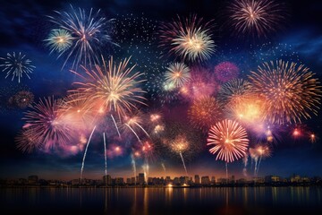 Fototapeta na wymiar Vivid fireworks bursting in the night sky during a New Years Eve countdown.
